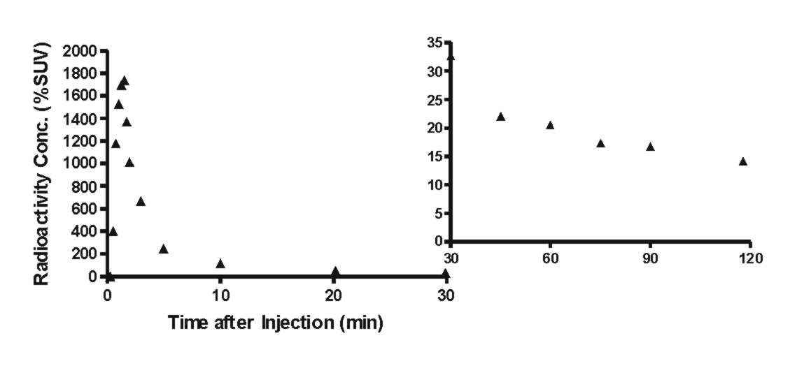 Radioactivity decay corrected plasma levels of unchanged [<sup>11</sup>C]MePPEP in a human